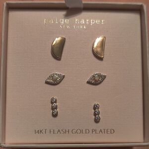 NEW Paige Harper New York three pair earrings half moon eyesb14KT FLASH GOLD NIB